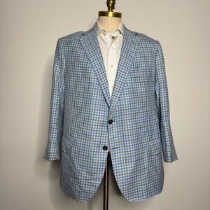 Oxxford Clothes 2006 Centennial 48R Men's Blue Check Wool Linen Blazer Jacket